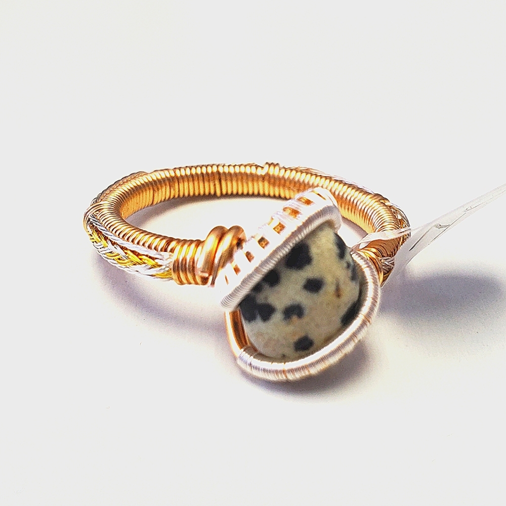 "The spotted gold" dalmatian jasper handmade wire wrap ring size 10